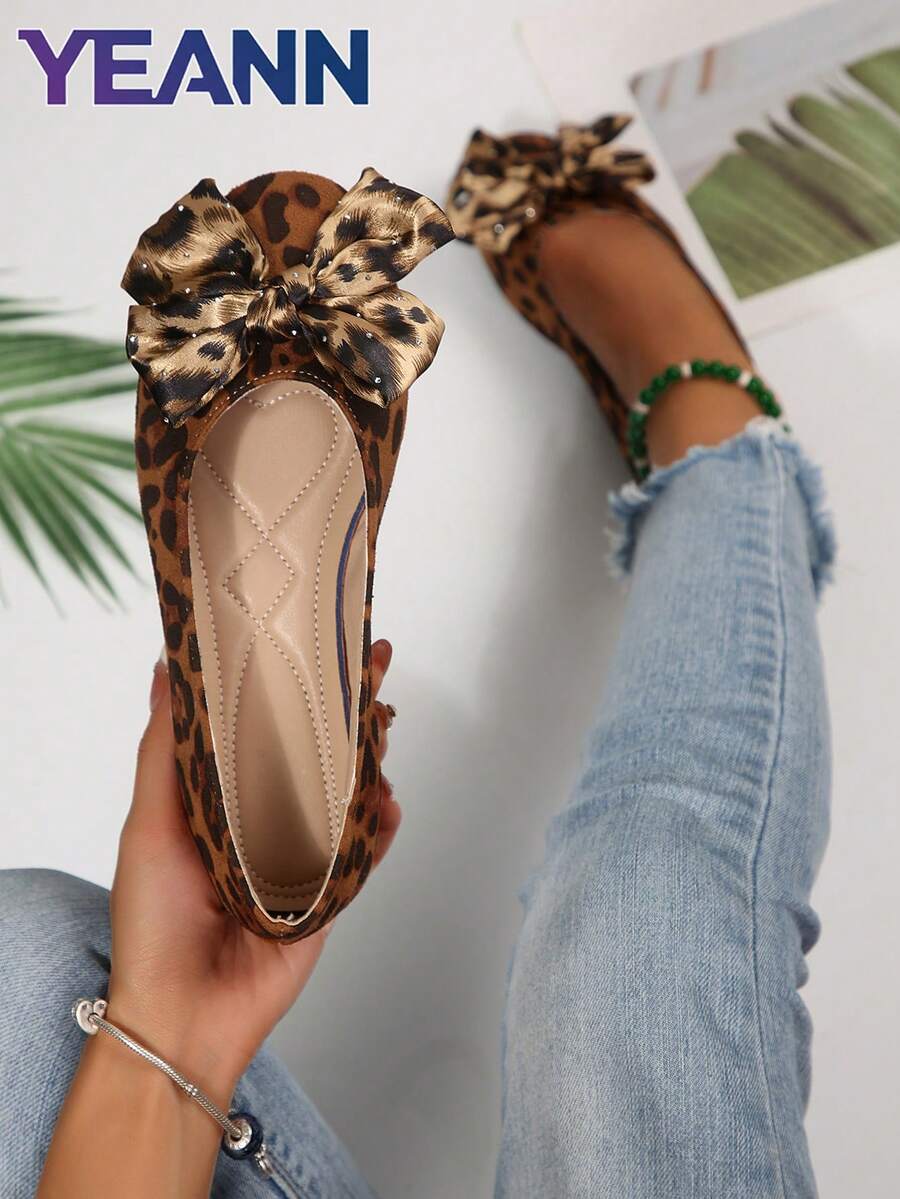 Cute Bow Square Toe Ballet Flats For Women, Faux Suede Soft Cushioned Insole Slip On Casual Shoes, Fashion Daily Office Walking Flat Pumps - Brown - View 1