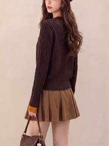 Women's Casual Cute Contrast Color 2 In 1 Knitted Cardigan Sweater Jacket, Autumn/Winter Fall - Coffee Brown - View 2