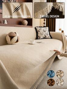ALPLUME 1pc Ultra Soft Chenille Solid Color Diamond Lattice Sofa Throw Blanket - Suitable For All Seasons, Easy To Clean And Non-Shrink, Perfect Gift For Friends And Family, Full Coverage Sofa Cover With Tassel Detail - Machine Washable, Anti-Scratch, Fits 1-4 Seater Sofas, Sofa Blanket - Khaki - View 1