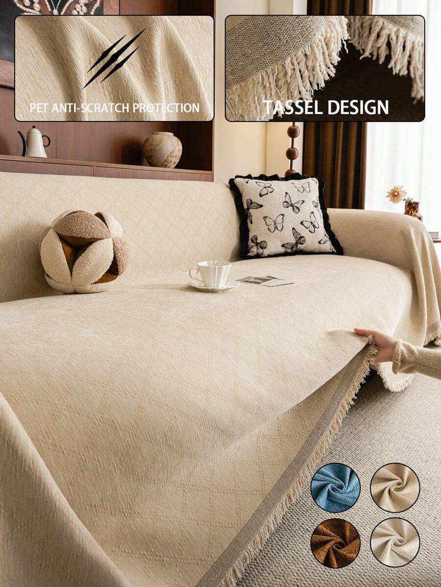 ALPLUME 1pc Ultra Soft Chenille Solid Color Diamond Lattice Sofa Throw Blanket - Suitable For All Seasons, Easy To Clean And Non-Shrink, Perfect Gift For Friends And Family, Full Coverage Sofa Cover With Tassel Detail - Machine Washable, Anti-Scratch, Fits 1-4 Seater Sofas, Sofa Blanket - Khaki - View 1
