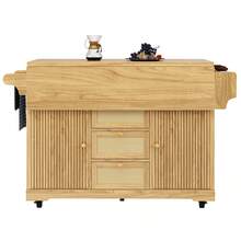 Folding Kitchen Trolley, 95 Cm Kitchen Cart With Ergonomic Height, PE Rattan Drawers, Mobile Cart For Kitchen, Balcony And Camping, Natural Brown - Natural Wood Color - View 12