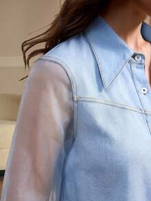 Elegant Shirt, Made Of All-Season Grid Patchwork Denim Texture Fabric, Suitable For Business Office And Daily Commute - Light Wash - View 2