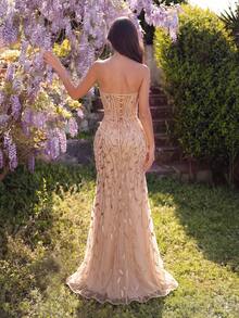 ADYCE 優雅V領亮片刺繡鏤空高腰側開衩露背婚禮賓客禮服，適合舞會、派對、宴會、聖誕與秋季穿著 - 香檳色 - 查看 2