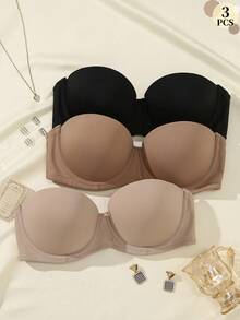3 st/set dam-bh med slät finish, axelbandslös med avtagbara transparenta axelremmar, halkfri push-up mångsidig cold shoulder-bh - Multifärgad - Visa 1