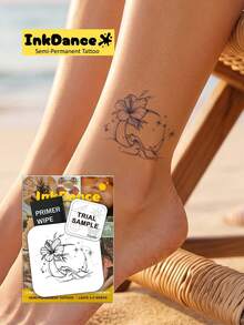 1 Kit "Hibiscus And Wave" New Technology Tattoo Sticker, Semi-Permanent, Fine-Line, Tropical, Ocean-Inspired, Temporary Tattoo, Fake Tattoo, Waterproof & Long-Lasting Realistic Design, Plant-Based Formula, InkDance, Ink Dance, Gift MNF007 - Black - View 1