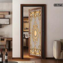 1/2pcs Fashionable 2D Flat Door Wall Decals, Featuring Exquisite Design. These Self-Adhesive And Removable Wall Murals Have Gold Edges. They Embody A Classic Style, Perfect For Modern Door Decor, And Showcase Vibrant Images - A - View 3