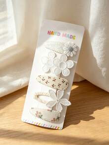 5pcs Handmade Daisy Hair Clips Set, Vintage Lace Embroidered Flower Hair Clips, Polka Dot And Plaid Print Fabric Hair Clips, Suitable For Children - Multicolor - View 10