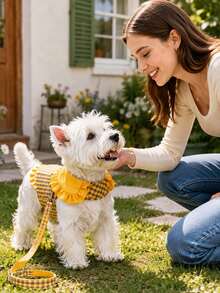 1 Set Adjustable Plaid Dog Harness Set, Anti-Pull/Anti-Choke, Cute Yellow/Green Cat & Dog Harness Dress, Dog Supplies, Dog Leash, Suitable For Small To Medium Dogs, Hook And Loop Design, Perfect For Outdoor Walks, Park Play And Photos - Multicolor - View 1
