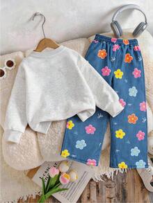 2pcs/Set Girls' Round Neck Sweatshirt And Denim Like Floral Bow Wide Leg Pants Outfit, Printed Denim Like Floral Round Neck Sweatshirt + Denim Like Floral Bow Wide Leg Pants Matching Set, Suitable For Autumn/Winter Daily Wear - Multicolor - View 3