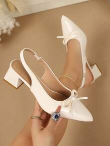 Women's New Spring/Summer Pointed Toe Small Bow Thin Back Strap Chunky Square Heel Low Vamp Commuter Backless Sandals Suitable For Light Business Casual - White - View 2