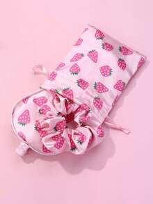 Cute Strawberry Print Travel Beauty Accessories,Eye Mask + Hair Scrunchie + Drawstring Pouch + Clear Makeup Bag + Heart Mini Mirror,Women Portable Travel Beauty Accessories Set,Beauty Products,Souvenir, For Travel,Back-To-School,Gifting,Home Use - Multicolor - View 3