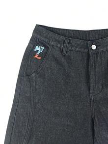 1件美式復古男士棕色休閒寬鬆寬腿牛仔褲，卡通大象刺繡，寬鬆寬腿牛仔褲，中性款 - 黑色 - 查看 7