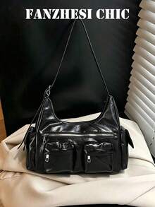 Tas Bahu Multi-Saku Hitam Y2K, Tas Bahu Praktis Berkilau dengan Lapisan Minyak dan Lilin, Desain Samping dengan Dua Saku Resleting di Bagian Depan, Kapasitas Besar, Tas Harian - Hitam - View 1