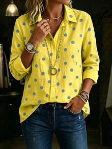 Plus Size Women's Polka Dot Print Long Sleeve Button-Down Shirt Collar Fashion Casual Top - Yellow - View 3