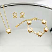 4pcs New Stainless Steel Plant Mother Of Pearl Five-Petal Flower Earrings Bracelet Necklace Jewelry Set - Multicolor - View 2