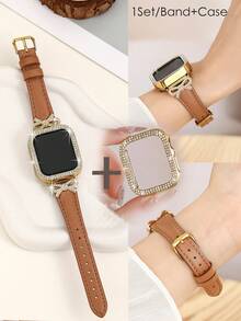 1pc Luxury Rose Gold Diamond Bow Watch Band + Double Row Rhinestone Hollow Watch Case Compatible With Apple Watch 38/40/41/42/44/45/46/49mm/Ultra/SE/11-1 Series, Suitable For Spring/Summer Wear, Back To School Gift, Fashion Women Accessory, Brown Band + Gold Case, Smart Watch Band Accessory Set - Brown - View 11