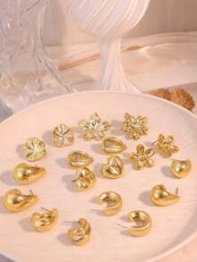 3/9 Pairs Gold Stud Earrings Set, European And American Vacation Style Party Jewelry, Flattering Face-Slimming Elegant Design, Photo-Ready Accessory, Best Friend Matching Gift - Gold - View 5