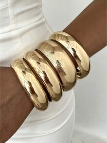 4pcs/Set Vintage Elegant Wide Plain Metal Bangle Bracelets, Suitable For Women's Daily, Party, Vacation And Multiple Occasions, Gift - Gold - View 6