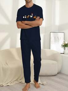 Spring/Summer Men's Casual Thin Pajama Set, Cute Chick Print Short Sleeve Top And Long Pants, 2 Pieces Set, Lazy Comfortable Cozy Loungewear - Multicolor - View 5