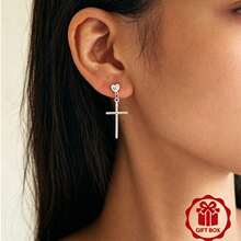 S925 Silver Heart Cross Dangle Earrings Minimalist Women Wedding Jewelry With Gift Box YWB-A2079 - Silver - View 5