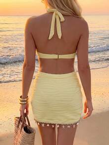 Set Bikini 3 Potong Wanita Warna Kuning Murni dengan Leher Halter, Rok Berpotongan Rumbai Motif Bintang Laut dan Cangkang dengan Tali Serut, Kain Bertekstur, Cocok untuk Liburan Pantai dan Perjalanan Musim Panas - Kuning muda - View 6