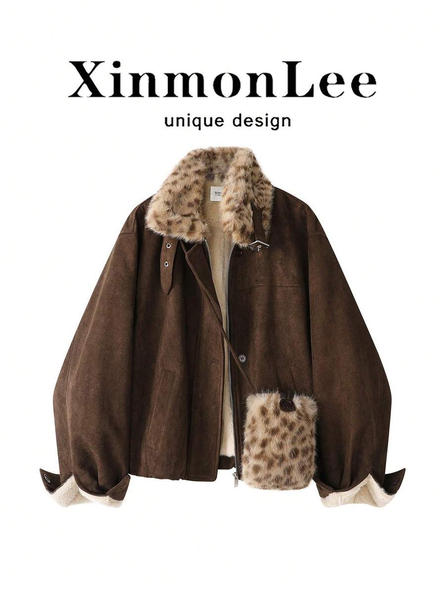復古麂皮豹紋毛領拼接保暖內裡短版拉鍊夾克,適合晚間約會、大學校園、日常穿著,秋冬款 - 咖啡棕 - 查看 1