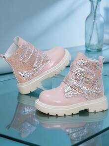 1 Pair New Pink Knight Style Boots, PU Shiny Glitter Patchwork Double Hook & Loop Closure Girls Boots, Non-Slip Wear-Resistant Thick Sole Fashionable Student Boots, Suitable For Kids Daily Wear, Versatile Princess Style, Autumn/Winter New - Pink - View 7