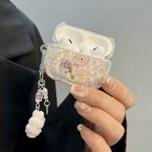 1pc Cute Floral Bunny Print Earphone Protective Case With Plush Bunny Charm, Purple Flower Clear Shockproof TPU Wireless Earbud Cover 1/2/3/4/Pro/Pro2(Nd)/Pro(3rd) - Mauve Purple - View 6