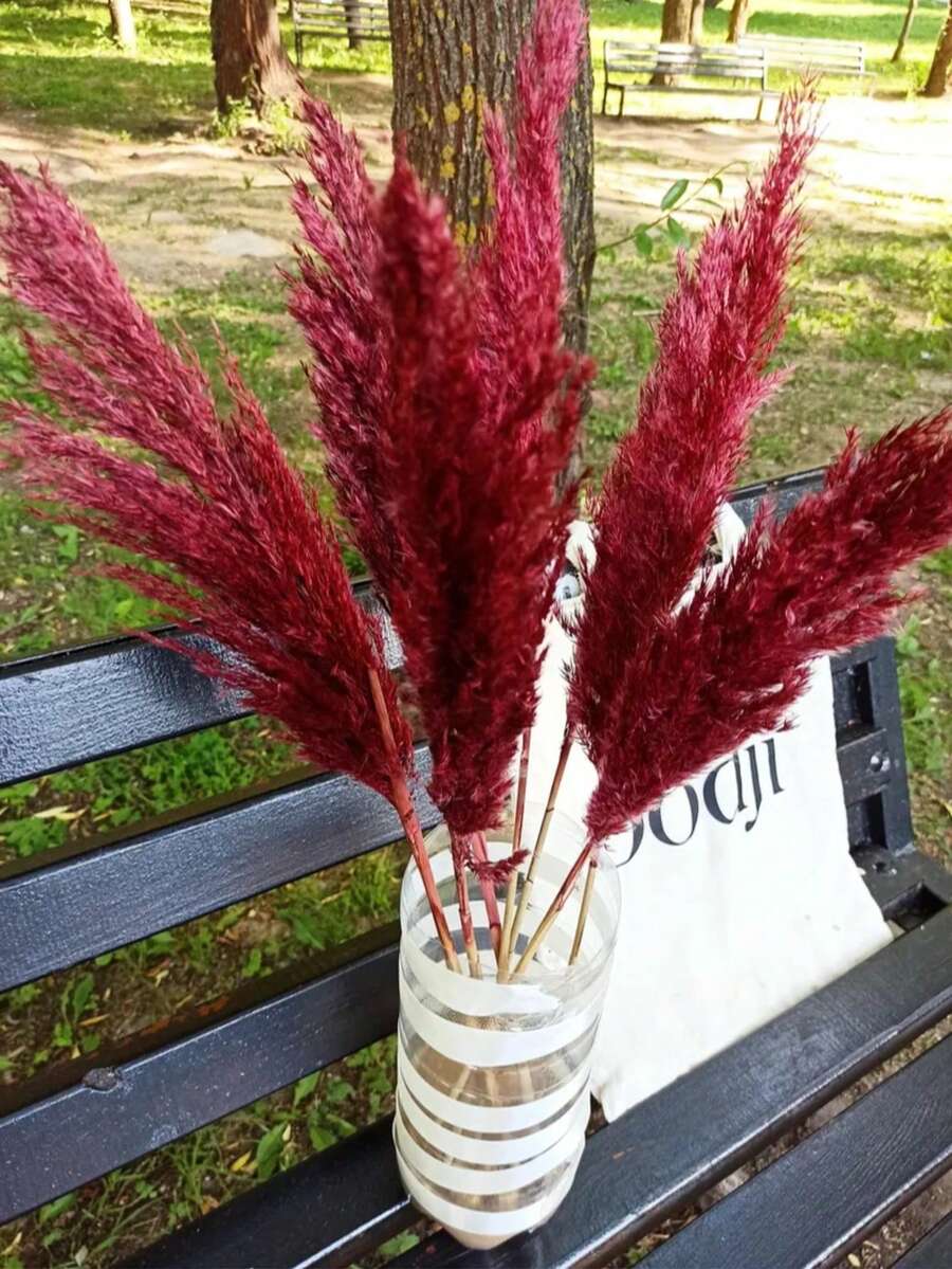 10pcs Artificial Pampas Grass Decorative Stems, Faux Reed Feather Bouquet. Pink Pampas Grass, Artificial Flowers. Bohemian Style Indoor Floral Decor, Wedding Vase, Bedroom Floor Arrangement Choice; Also Suitable As Faux Greenery, Birthday / Anniversary Gift, DIY Wreath Accessory, Banquet Party Scene Decoration, Florist Floral Material. - Burgundy - View 1