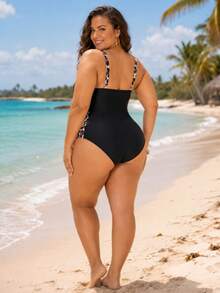 Women's Leopard Print Colorblock One-Piece Swimsuit, Suitable For Beach Vacation, Pool Party, Beach Party - Black - View 3
