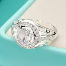Anillo de mujer con reloj redondo de circonita, chapado en plata 925, tallas 6 7 8 9 10, joyería de moda con encanto para boda, compromiso y fiesta - Plateado - Ver 1