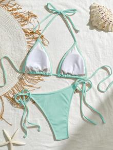 Bikinx Conjunto de bikini con triángulo de copa y decoración de cinta de satén y concha de unicolor para mujer, adecuado para vacaciones en la playa en verano - Azul menta - Ver 5