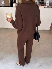 Women's Ribbed Knit Half-Zip Long Sleeve Sweater And Wide Leg Pants Set, Medium Stretch, Suitable For Autumn/Winter - Brown - View 6