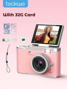 Teckwe 4K Digital Camera, CCD Camera, Vlogging Camera For Vieo, Auto Focus 48MP Face Detection, Flip Screen, 16X Digital Zoom, Point & Shoot Camera, Gift For Beginners, Travel, Family Christmas Halloween - Pink - View 1