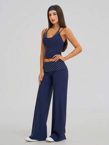 MASKERT Ladies' contrasting color back vest sports pants set yoga training running set tennis golf Pilates - 藍白色 - 查看 5