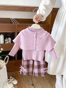 Korean Vintage Plaid Baby Girls 3 Pieces Set, Taro Purple Knit Shawl, Mock Neck Ribbed Top, Bow Flare Pants - Pink - View 1