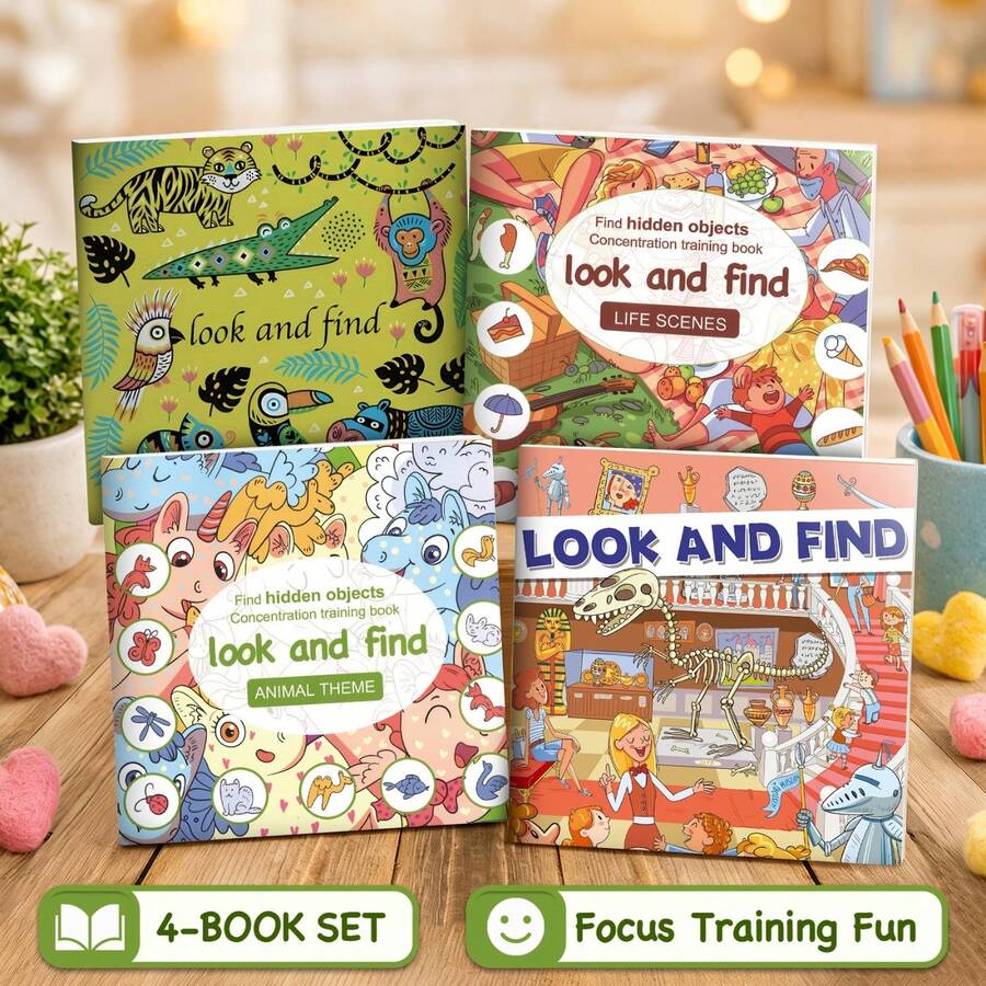 4 Book Look And Find Activity Set For Kids Hidden Object Picture Puzzles With Animal Theme Everyday Life Scenes And Museum Adventures Focus Concentration Observation Training Preschool Learning Travel Quiet Time Gift - Look and Find - View 1