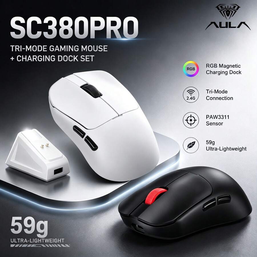 AULA SC380 Pro 電競滑鼠，無線與藍牙，輕量化設計，三模連接，RGB 磁吸充電底座套組，12000 DPI，人體工學握感，適用於遊戲、居家與辦公，多裝置兼容，長效電池續航