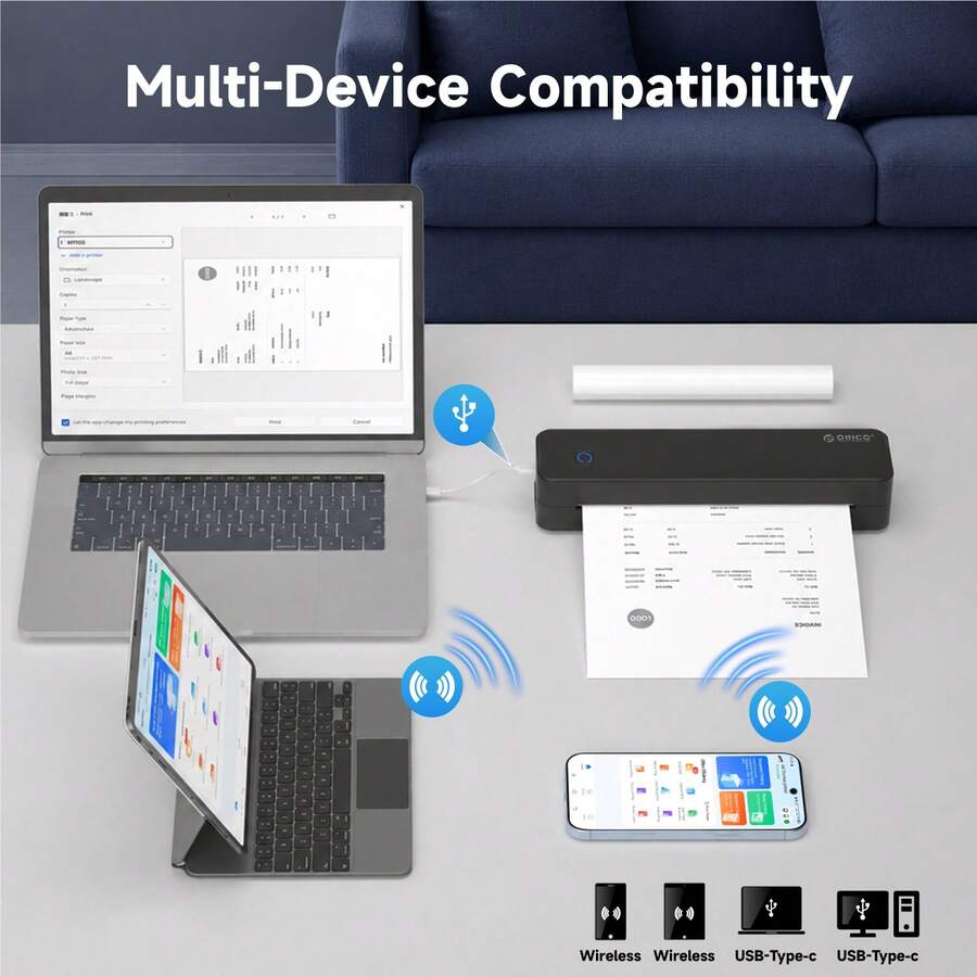 ORICO New Upgraded MT80 Portable Thermal Printer, Inkless Thermal Printer, A4 Thermal Printer, Includes: 1 Roll A4 Thermal Paper/200 Sheets Thermal Folding Paper, Built-In Adjustable Paper Tray/Slot, Can Print Various Documents