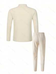 Men's 2-Piece Set, Textured Pocket Stand Collar Long Sleeve Polo Shirt And Drawstring Pants, Casual Outfit For Daily Commute, Vacation Travel, Outdoor Walking - Khaki - View 3