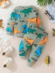 2pcs/Set Baby Boy Stylish Handsome Spring/Autumn Thin New Cartoon All-Over Print Dinosaur Long Sleeve Crew Neck Pullover Sweatshirt And Long Pants Set - Green - View 3