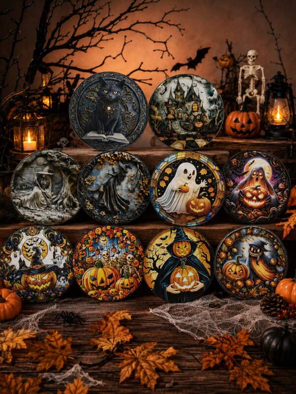 1pc Vintage Gothic Halloween Hand Drum Decoration, Witch Black Cat Haunted House Ghost Pumpkin Skull Pattern Tambourine, Halloween Party Tabletop Decor, Home Fireplace Mantel Decoration, Halloween Holiday Supplies