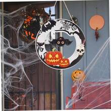 1pc Happy Halloween Wooden Door Hanging Decor, Spider Web Pumpkin Ghost Skull Wall Plaque, Front Porch Party Decoration - Multicolor - View 8