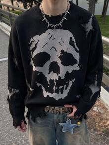 ANDREILEE 男士萬聖節骷髏破舊感針織毛衣，時尚休閒圓領長袖寬鬆街頭風上衣，秋冬款 - 黑色 - 查看 1