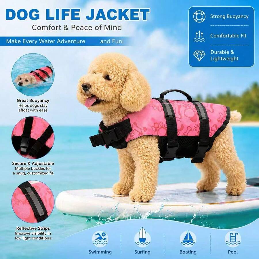 1PC Dog Life Jacket, Adjustable Chest And Neck Circumference, Tear-Resistant Dog Life Vest, Suitable For Small And Medium-Sized Dogs, Boating, Swimming Vest, High Buoyancy, Includes Easy-To-Carry Handle And D-Ring - Multicolor - View 1