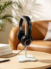 1 buah Stand Headphone Meja Minimalis, Dudukan Headset Gaming Universal dengan Alas Daun Semanggi Empat Kelopak, Tiang Berlapis Silikon, Gantungan Earphone Melengkung, Hitam & Putih - View 3
