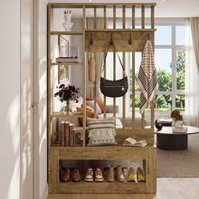 LITTLE TREE Wall Room Divider With Shelves And Coat Hooks, 5-In-1 Freestanding Partition With Bench For Entryway, Living Room, Brown - Brown - View 7