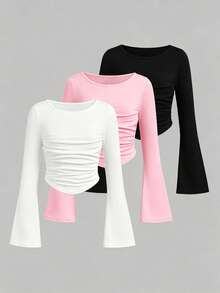 Girls' Solid Color Ruffle Flare Long Sleeve Cropped Top, Round Neck Slim Fit Casual T-Shirt, Tween Girl Y2K Style Short Cover Up - Multicolor - View 1