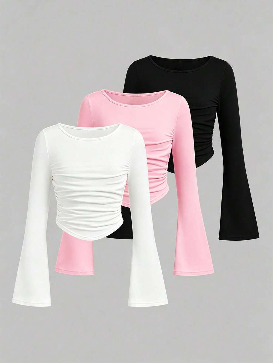 Girls' Solid Color Ruffle Flare Long Sleeve Cropped Top, Round Neck Slim Fit Casual T-Shirt, Tween Girl Y2K Style Short Cover Up - Multicolor - View 1