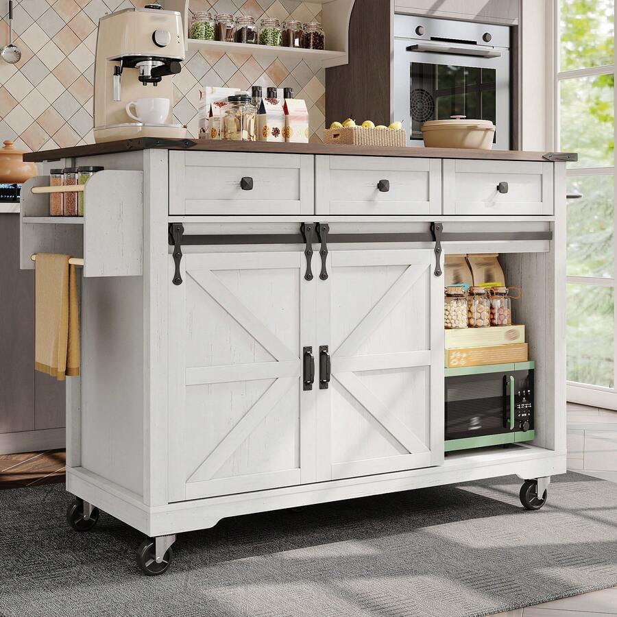 Ilot de cuisine mobile, sur roulettes, rangement mdf, beige - Beige - Voir 1